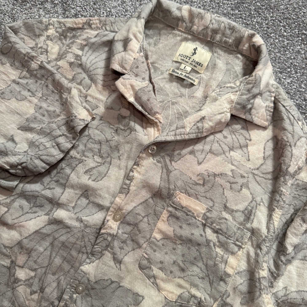 Scott James Shirt Mens Large Gray Floral 100% Cotton Tropical Summer Beach Top